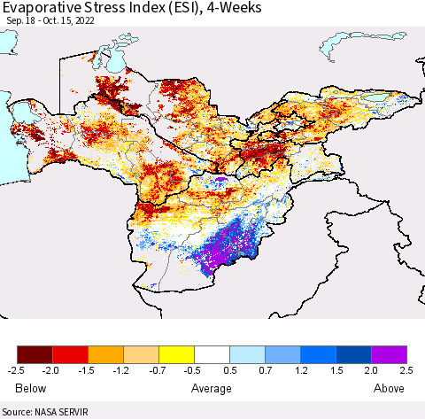 Central Asia Evaporative Stress Index (ESI), 4-Weeks Thematic Map For 10/10/2022 - 10/16/2022