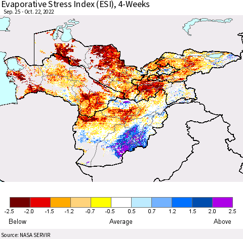 Central Asia Evaporative Stress Index (ESI), 4-Weeks Thematic Map For 10/17/2022 - 10/23/2022