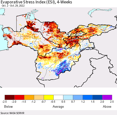 Central Asia Evaporative Stress Index (ESI), 4-Weeks Thematic Map For 10/24/2022 - 10/30/2022