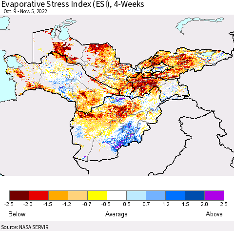 Central Asia Evaporative Stress Index (ESI), 4-Weeks Thematic Map For 10/31/2022 - 11/6/2022
