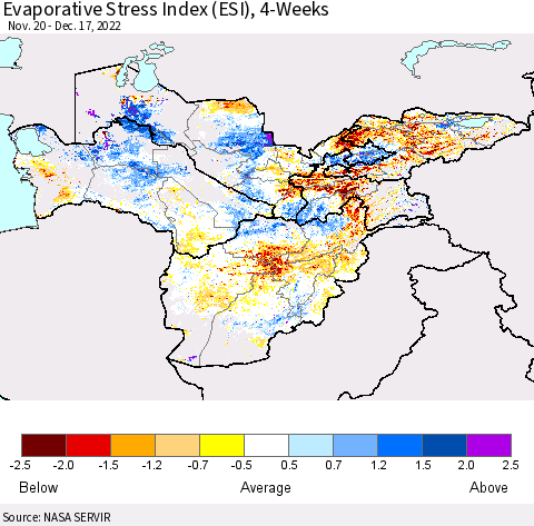 Central Asia Evaporative Stress Index (ESI), 4-Weeks Thematic Map For 12/12/2022 - 12/18/2022