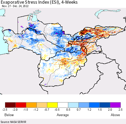 Central Asia Evaporative Stress Index (ESI), 4-Weeks Thematic Map For 12/19/2022 - 12/25/2022