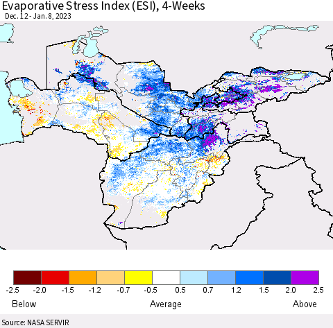 Central Asia Evaporative Stress Index (ESI), 4-Weeks Thematic Map For 1/2/2023 - 1/8/2023