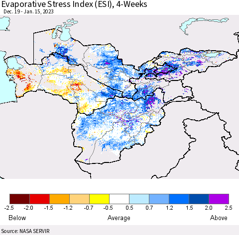 Central Asia Evaporative Stress Index (ESI), 4-Weeks Thematic Map For 1/9/2023 - 1/15/2023