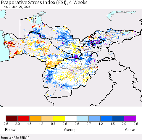 Central Asia Evaporative Stress Index (ESI), 4-Weeks Thematic Map For 1/23/2023 - 1/29/2023