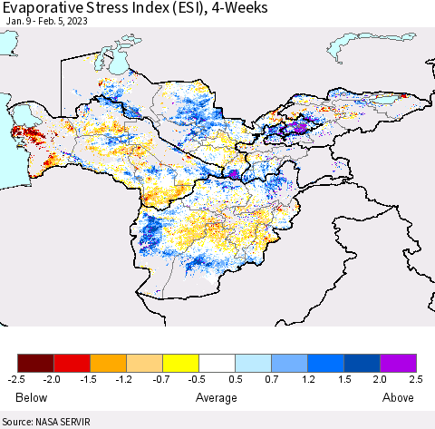 Central Asia Evaporative Stress Index (ESI), 4-Weeks Thematic Map For 1/30/2023 - 2/5/2023