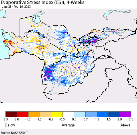 Central Asia Evaporative Stress Index (ESI), 4-Weeks Thematic Map For 2/13/2023 - 2/19/2023