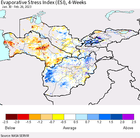 Central Asia Evaporative Stress Index (ESI), 4-Weeks Thematic Map For 2/20/2023 - 2/26/2023