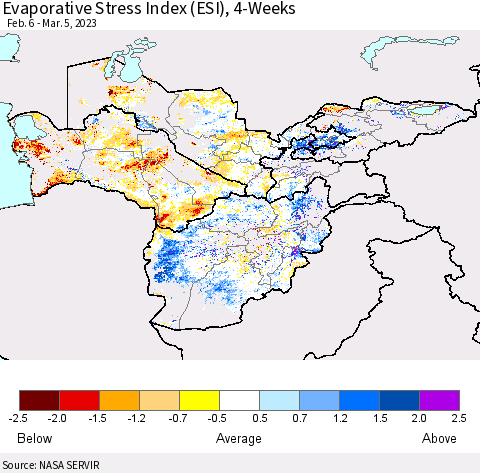 Central Asia Evaporative Stress Index (ESI), 4-Weeks Thematic Map For 2/27/2023 - 3/5/2023