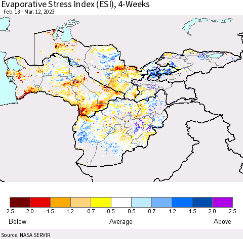 Central Asia Evaporative Stress Index (ESI), 4-Weeks Thematic Map For 3/6/2023 - 3/12/2023