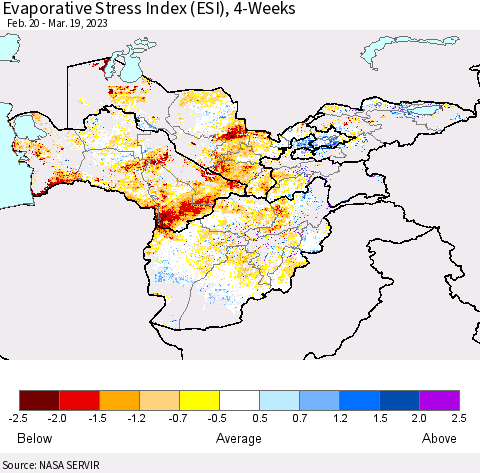 Central Asia Evaporative Stress Index (ESI), 4-Weeks Thematic Map For 3/13/2023 - 3/19/2023
