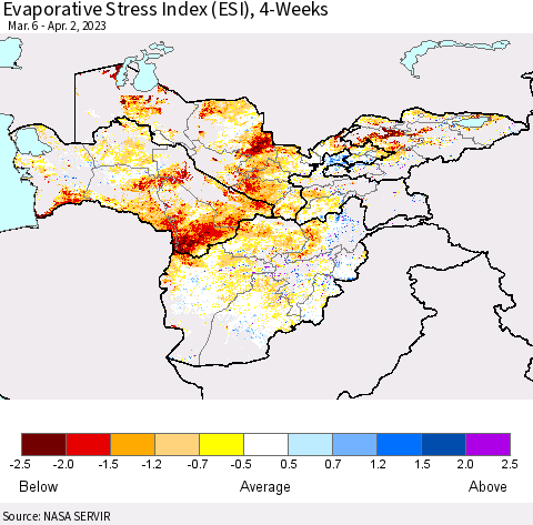 Central Asia Evaporative Stress Index (ESI), 4-Weeks Thematic Map For 3/27/2023 - 4/2/2023
