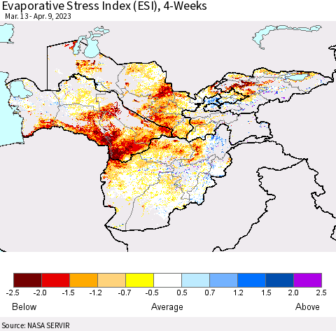 Central Asia Evaporative Stress Index (ESI), 4-Weeks Thematic Map For 4/3/2023 - 4/9/2023