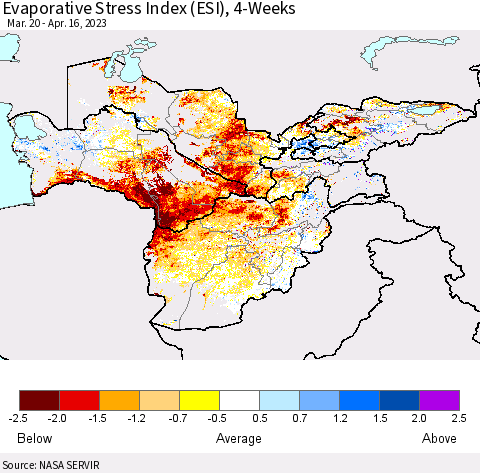 Central Asia Evaporative Stress Index (ESI), 4-Weeks Thematic Map For 4/10/2023 - 4/16/2023