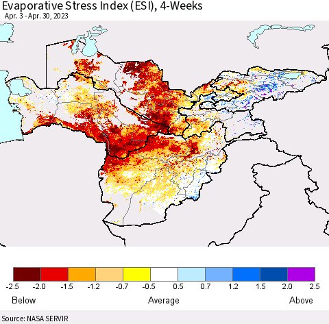 Central Asia Evaporative Stress Index (ESI), 4-Weeks Thematic Map For 4/24/2023 - 4/30/2023