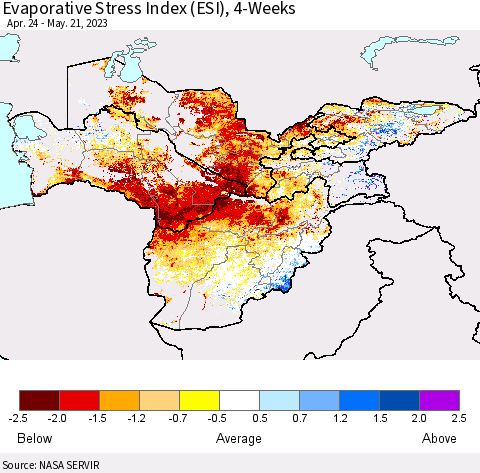 Central Asia Evaporative Stress Index (ESI), 4-Weeks Thematic Map For 5/15/2023 - 5/21/2023