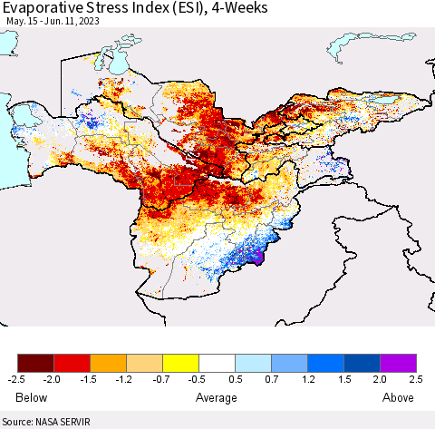 Central Asia Evaporative Stress Index (ESI), 4-Weeks Thematic Map For 6/5/2023 - 6/11/2023