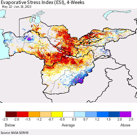 Central Asia Evaporative Stress Index (ESI), 4-Weeks Thematic Map For 6/12/2023 - 6/18/2023