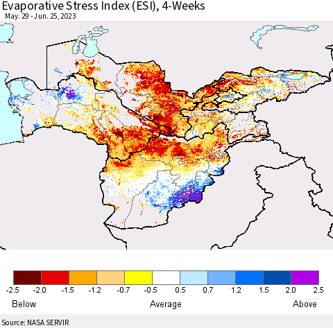 Central Asia Evaporative Stress Index (ESI), 4-Weeks Thematic Map For 6/19/2023 - 6/25/2023