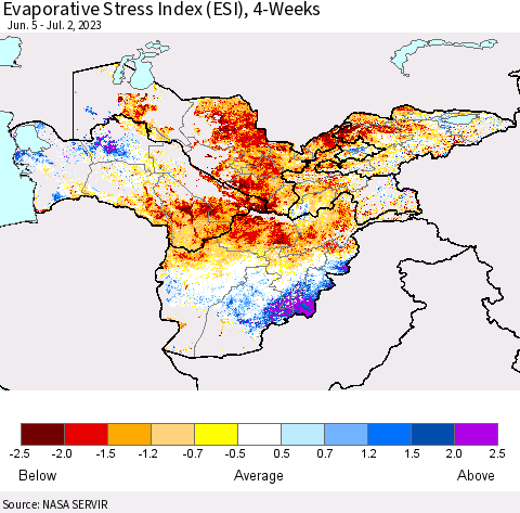 Central Asia Evaporative Stress Index (ESI), 4-Weeks Thematic Map For 6/26/2023 - 7/2/2023