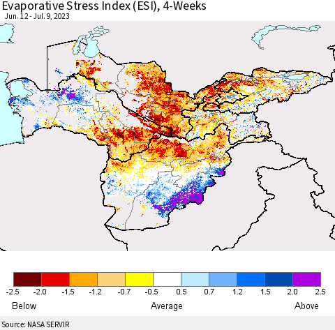 Central Asia Evaporative Stress Index (ESI), 4-Weeks Thematic Map For 7/3/2023 - 7/9/2023