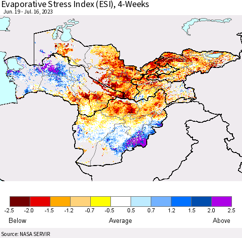 Central Asia Evaporative Stress Index (ESI), 4-Weeks Thematic Map For 7/10/2023 - 7/16/2023
