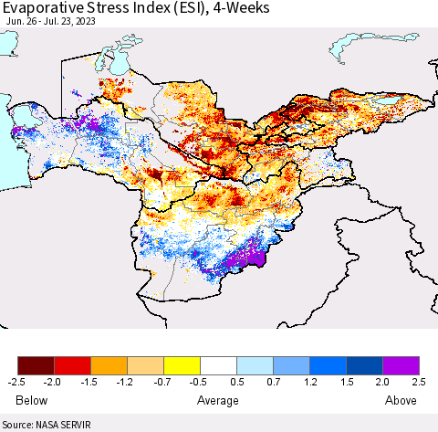 Central Asia Evaporative Stress Index (ESI), 4-Weeks Thematic Map For 7/17/2023 - 7/23/2023