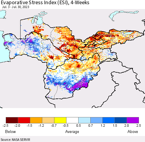 Central Asia Evaporative Stress Index (ESI), 4-Weeks Thematic Map For 7/24/2023 - 7/30/2023