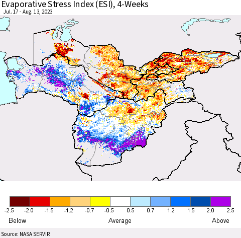 Central Asia Evaporative Stress Index (ESI), 4-Weeks Thematic Map For 8/7/2023 - 8/13/2023