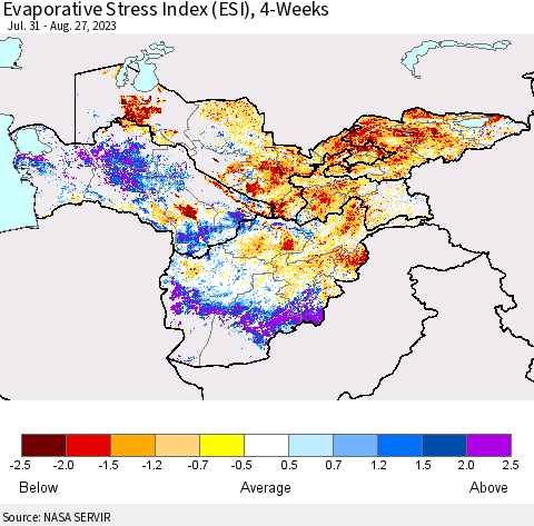 Central Asia Evaporative Stress Index (ESI), 4-Weeks Thematic Map For 8/21/2023 - 8/27/2023