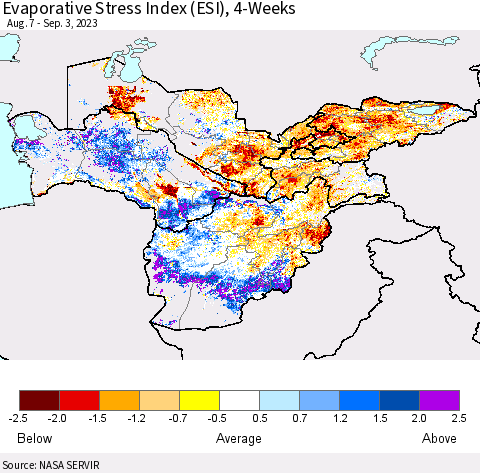 Central Asia Evaporative Stress Index (ESI), 4-Weeks Thematic Map For 8/28/2023 - 9/3/2023