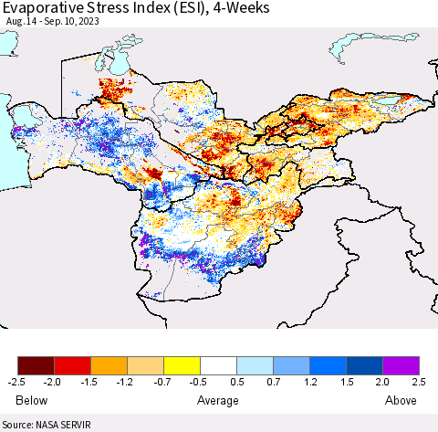 Central Asia Evaporative Stress Index (ESI), 4-Weeks Thematic Map For 9/4/2023 - 9/10/2023