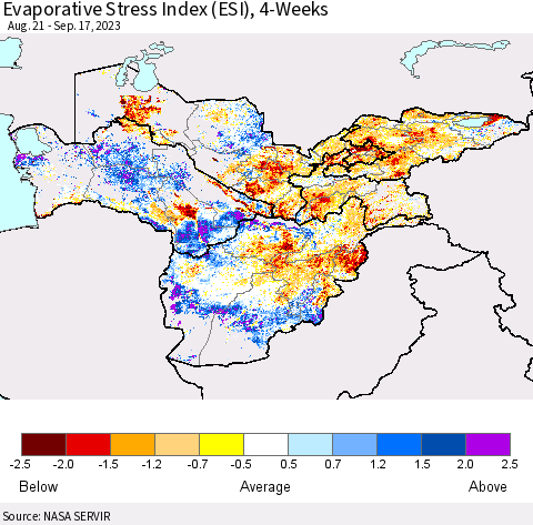 Central Asia Evaporative Stress Index (ESI), 4-Weeks Thematic Map For 9/11/2023 - 9/17/2023