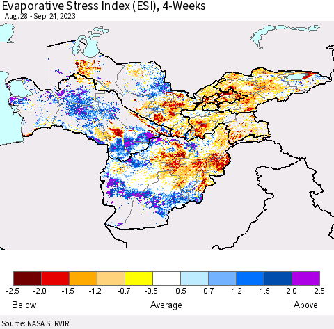 Central Asia Evaporative Stress Index (ESI), 4-Weeks Thematic Map For 9/18/2023 - 9/24/2023