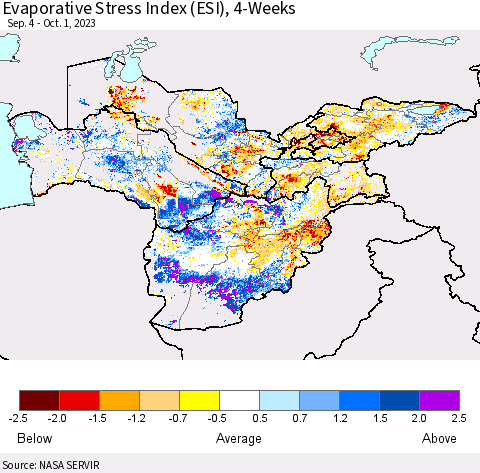 Central Asia Evaporative Stress Index (ESI), 4-Weeks Thematic Map For 9/25/2023 - 10/1/2023
