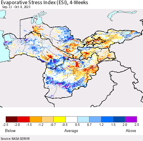 Central Asia Evaporative Stress Index (ESI), 4-Weeks Thematic Map For 10/2/2023 - 10/8/2023