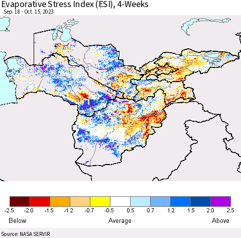 Central Asia Evaporative Stress Index (ESI), 4-Weeks Thematic Map For 10/9/2023 - 10/15/2023