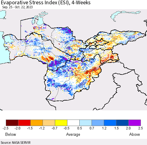 Central Asia Evaporative Stress Index (ESI), 4-Weeks Thematic Map For 10/16/2023 - 10/22/2023