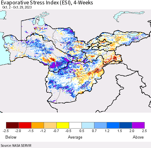Central Asia Evaporative Stress Index (ESI), 4-Weeks Thematic Map For 10/23/2023 - 10/29/2023