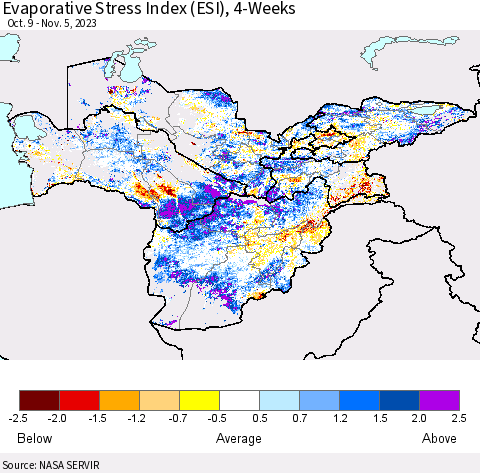Central Asia Evaporative Stress Index (ESI), 4-Weeks Thematic Map For 10/30/2023 - 11/5/2023