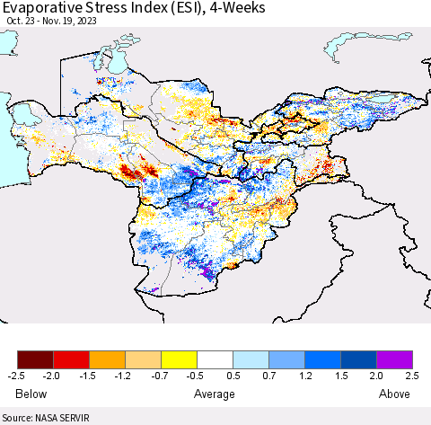 Central Asia Evaporative Stress Index (ESI), 4-Weeks Thematic Map For 11/13/2023 - 11/19/2023