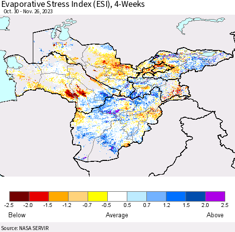 Central Asia Evaporative Stress Index (ESI), 4-Weeks Thematic Map For 11/20/2023 - 11/26/2023