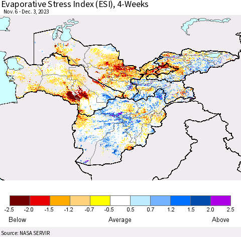 Central Asia Evaporative Stress Index (ESI), 4-Weeks Thematic Map For 11/27/2023 - 12/3/2023