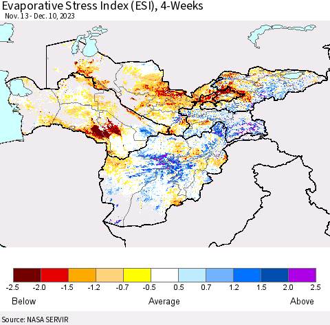 Central Asia Evaporative Stress Index (ESI), 4-Weeks Thematic Map For 12/4/2023 - 12/10/2023
