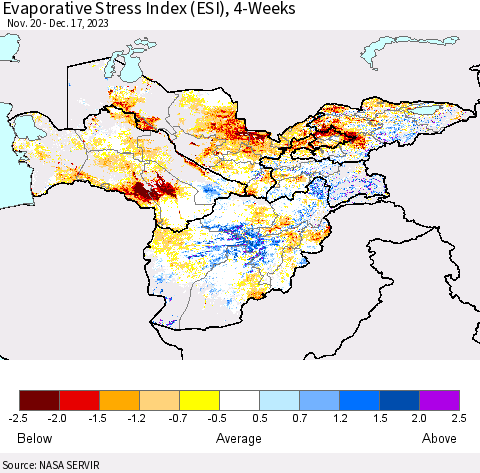 Central Asia Evaporative Stress Index (ESI), 4-Weeks Thematic Map For 12/11/2023 - 12/17/2023