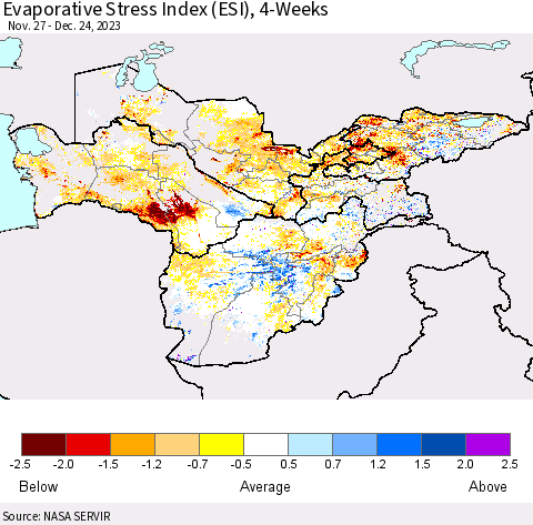 Central Asia Evaporative Stress Index (ESI), 4-Weeks Thematic Map For 12/18/2023 - 12/24/2023