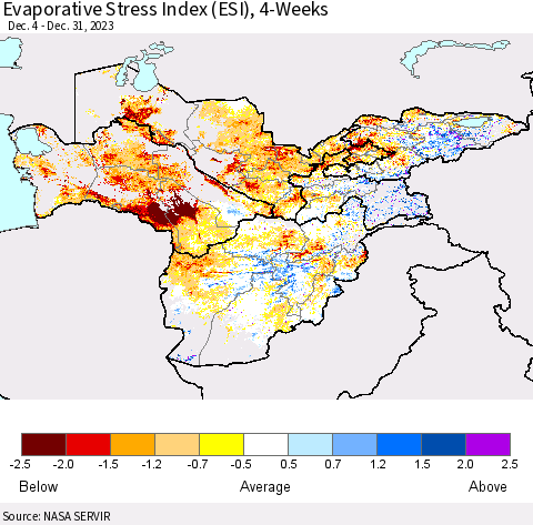 Central Asia Evaporative Stress Index (ESI), 4-Weeks Thematic Map For 12/25/2023 - 12/31/2023