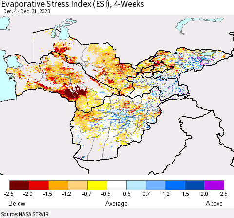 Central Asia Evaporative Stress Index (ESI), 4-Weeks Thematic Map For 1/1/2024 - 1/7/2024