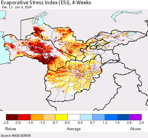 Central Asia Evaporative Stress Index (ESI), 4-Weeks Thematic Map For 1/8/2024 - 1/14/2024