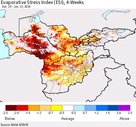 Central Asia Evaporative Stress Index (ESI), 4-Weeks Thematic Map For 1/15/2024 - 1/21/2024